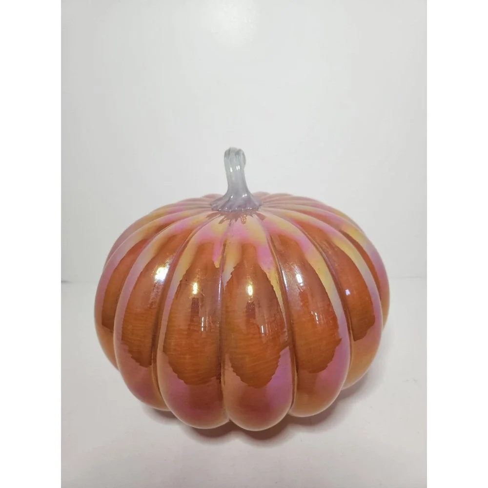 Orange Pink Iridescent Glass Pumpkin Light Up LED Amber Luster Fall Decor 8